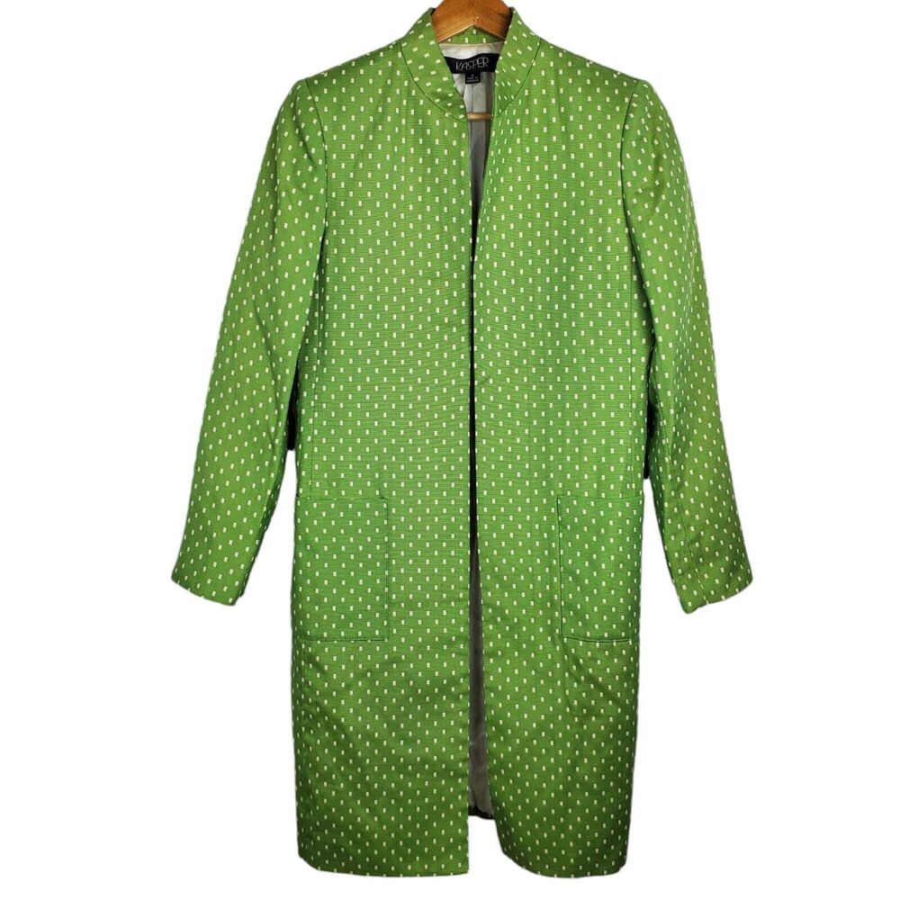 Vtg Kasper Lime Green White Geometric Spots Lined Open Front Blazer Jacket Sz 6